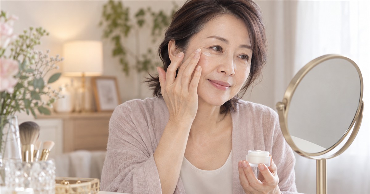 目もとへクリームをやさしく塗る50代女性