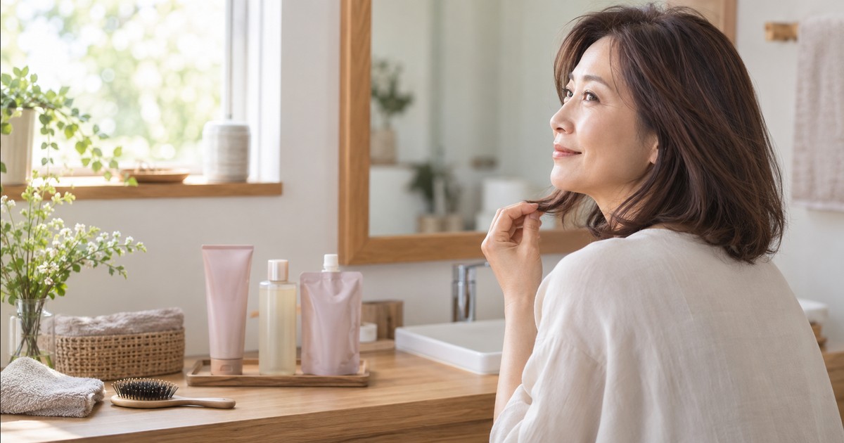 50代女性が21日間のヘアケアセットを検討する生成イメージ