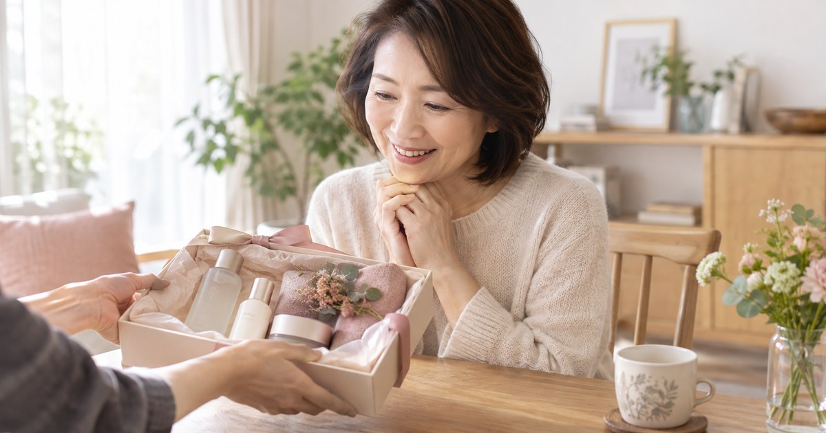 スキンケアのギフトボックスを受け取る50代女性の生成イメージ