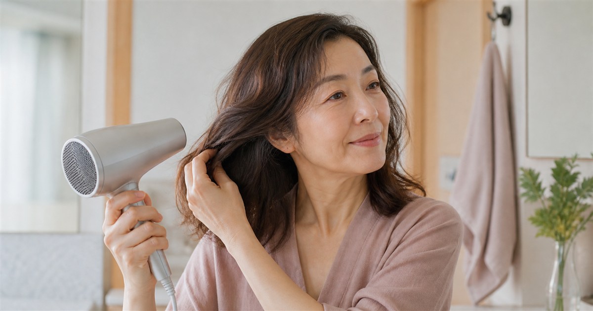 髪のうねりを整えるようにドライヤーを使う50代女性