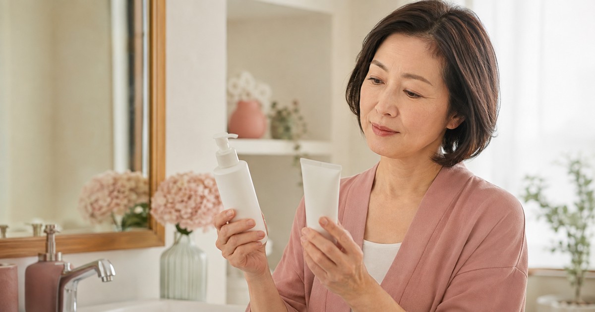 洗面台で2種類のクレンジングを比較する50代女性