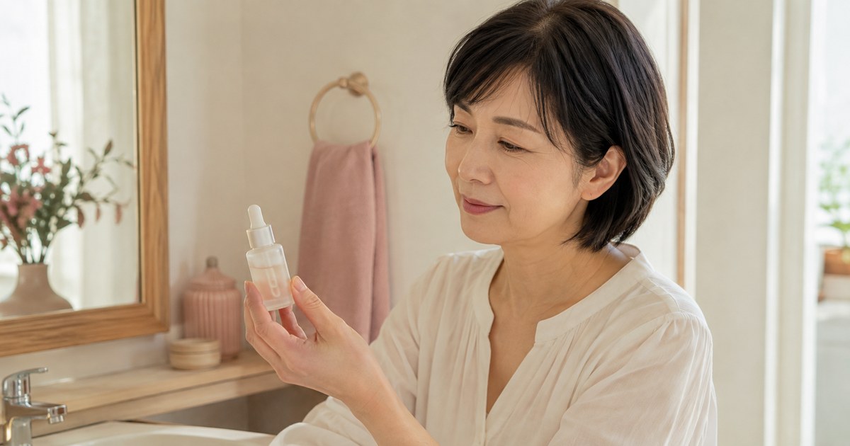 美容液のボトルを確認する50代女性
