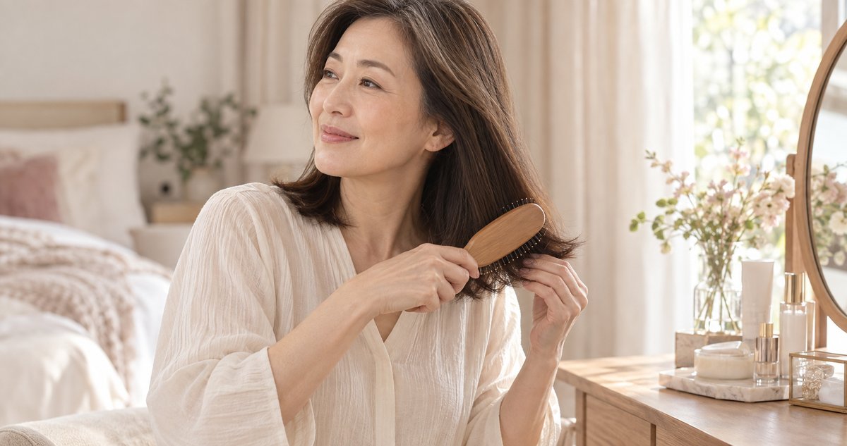 毛先を木製ブラシでやさしくとかす50代女性の生成イメージ
