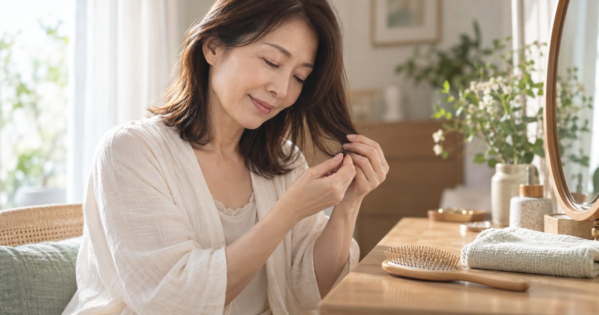 毛先をやさしく確認する50代女性とブラシの生成イメージ